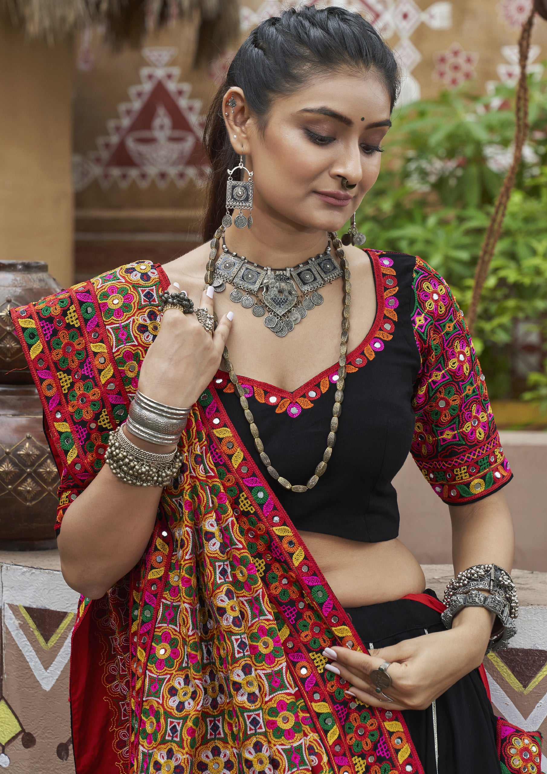 Black Color Viscose Rayon Embroidered Garba Wear Lehenga